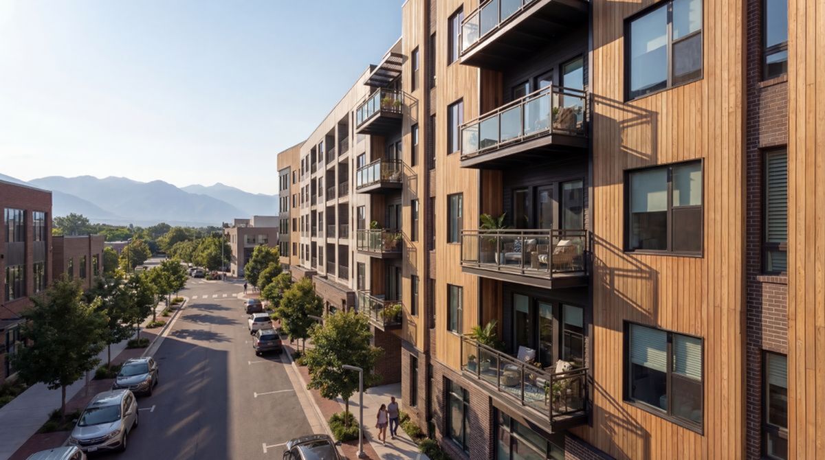 Contemporary urban apartment with wooden exterior and private balconies, offering stunning mountain views along a tree-lined street The Westerly in Millcreek Utah.