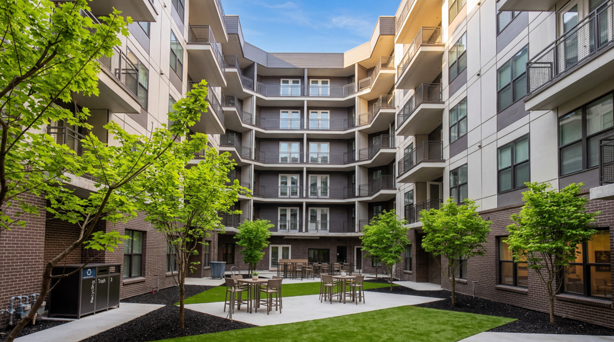 Modern apartment complex with balconies overlooking a lush courtyard with seating and vibrant landscaping.