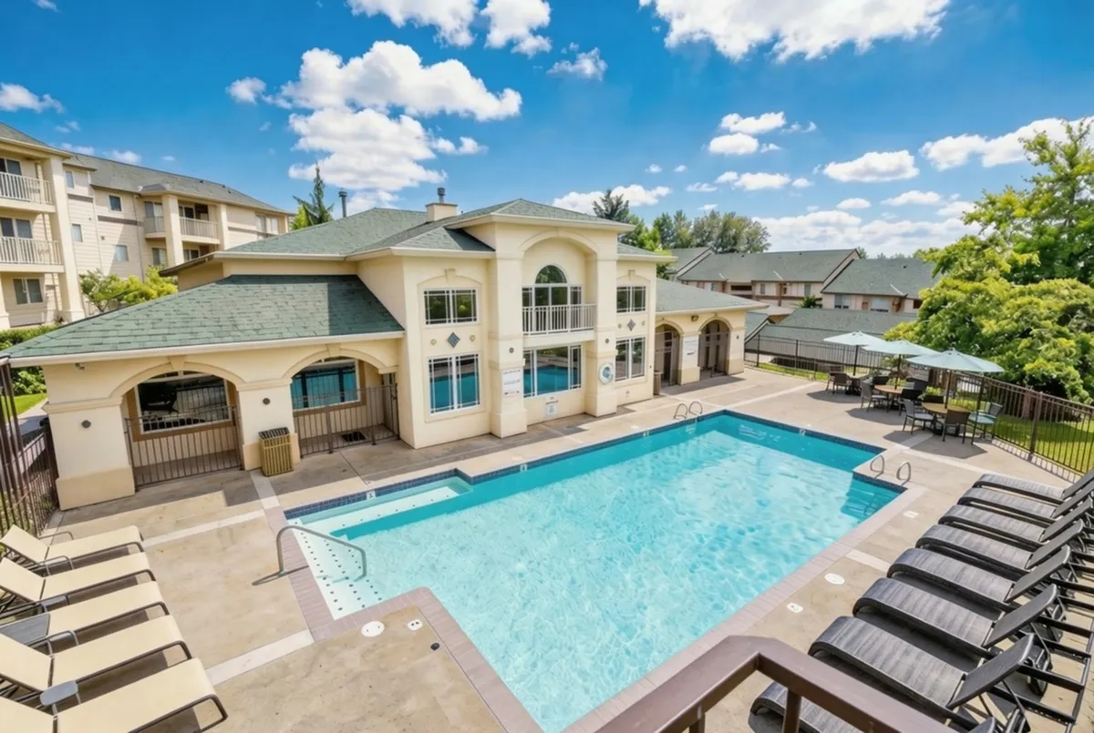 Elegant apartment complex featuring a sparkling blue swimming pool, luxurious loungers, and scenic surroundings under a bright blue sky.