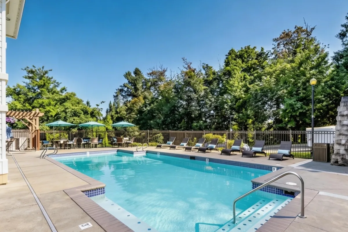 Inviting outdoor pool area with elegant lounge chairs and green umbrellas, surrounded by lush trees and serene ambiance.