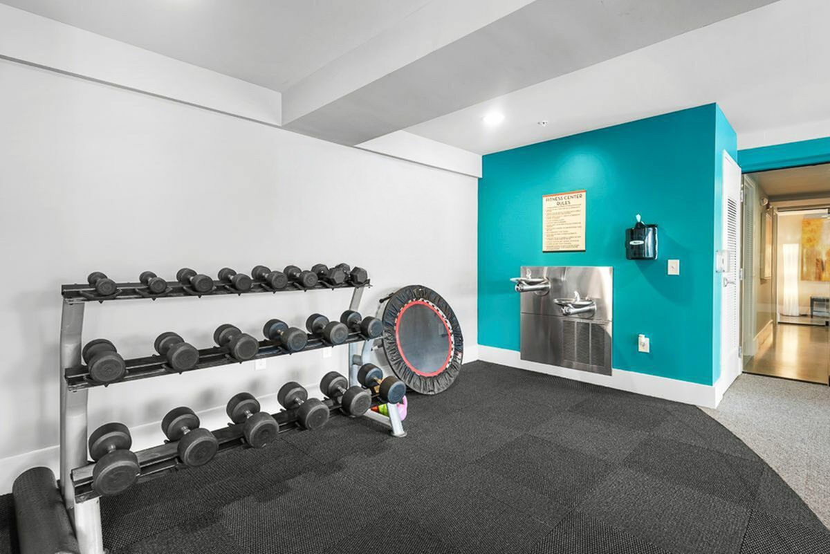Modern fitness center at Cottonwood Westside with a diverse set of dumbbells, vibrant blue accent wall, and a cozy corner trampoline.