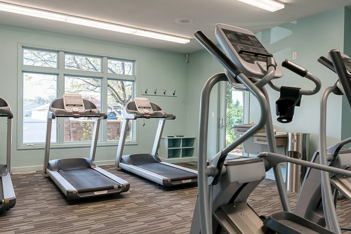 Modern fitness center featuring state-of-the-art treadmills and ample natural light.