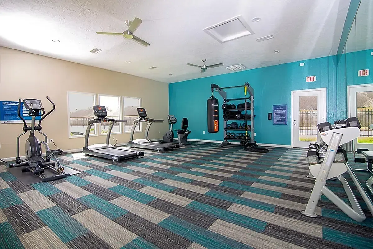 Bright and modern fitness center at Steepleway Downs Apartments featuring treadmills, stationary bike, and strength training equipment in a vibrant setting.