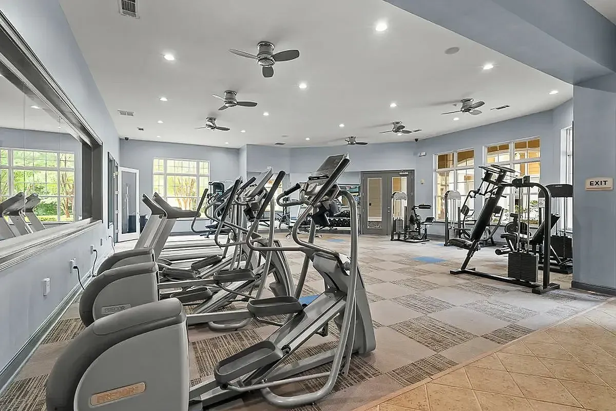Contemporary fitness center equipped with modern cardio machines and ample natural light streaming through large windows at Cottonwood Reserve in Charlotte, NC