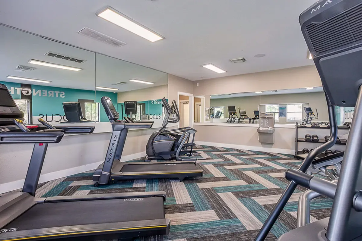 Modern fitness center at Timber Hollow Apartments with state-of-the-art treadmills, mirrored walls, and stylish geometric carpeting.