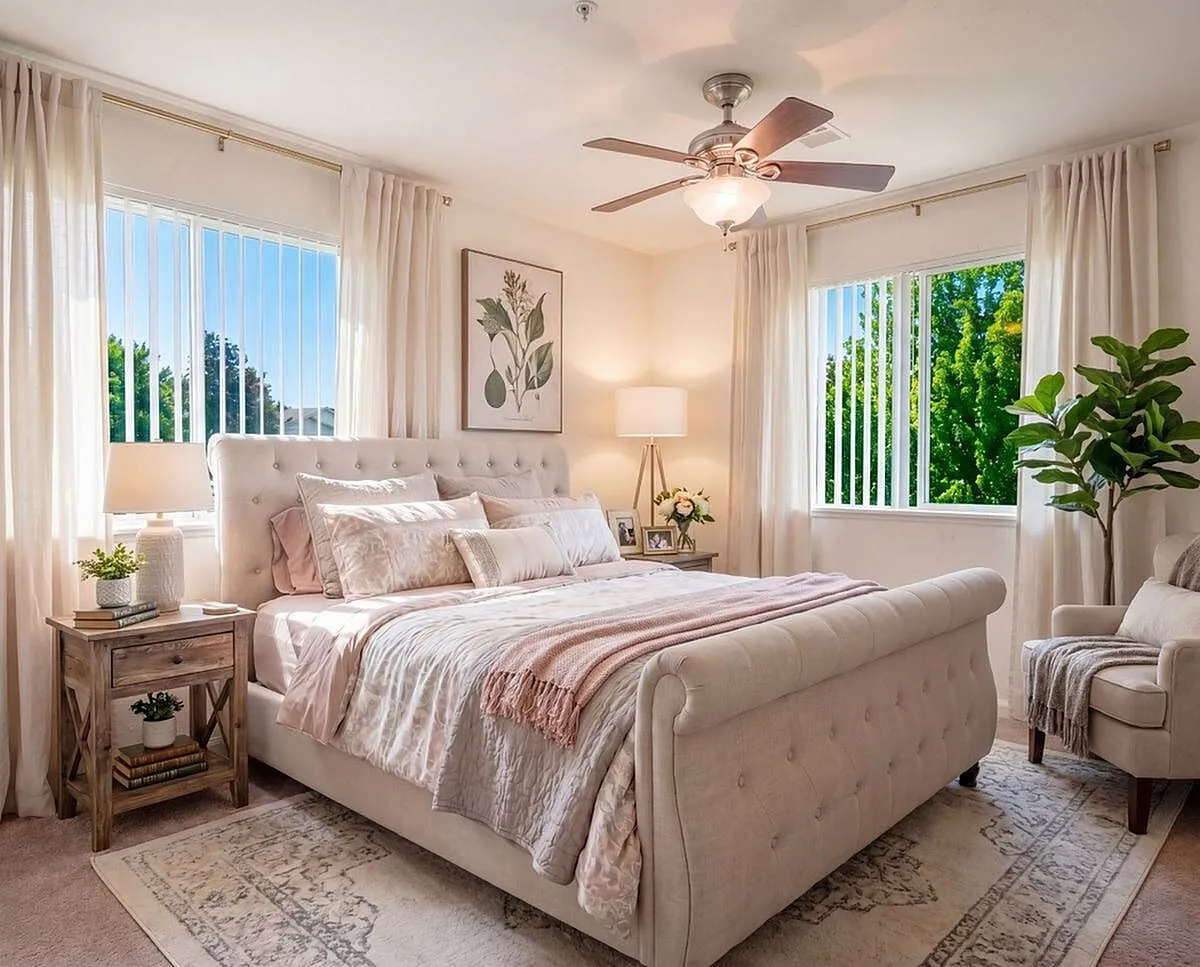 Elegant bedroom with soft neutral decor, featuring a plush tufted bed, large windows with leafy views, and a cozy reading chair Clearview Apartments in Holland, MI
