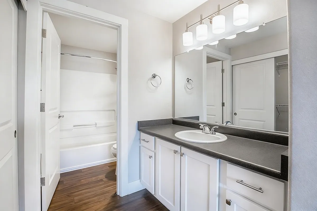 Elegant bathroom featuring a sleek vanity with ample storage, modern lighting, and inviting wood flooring.