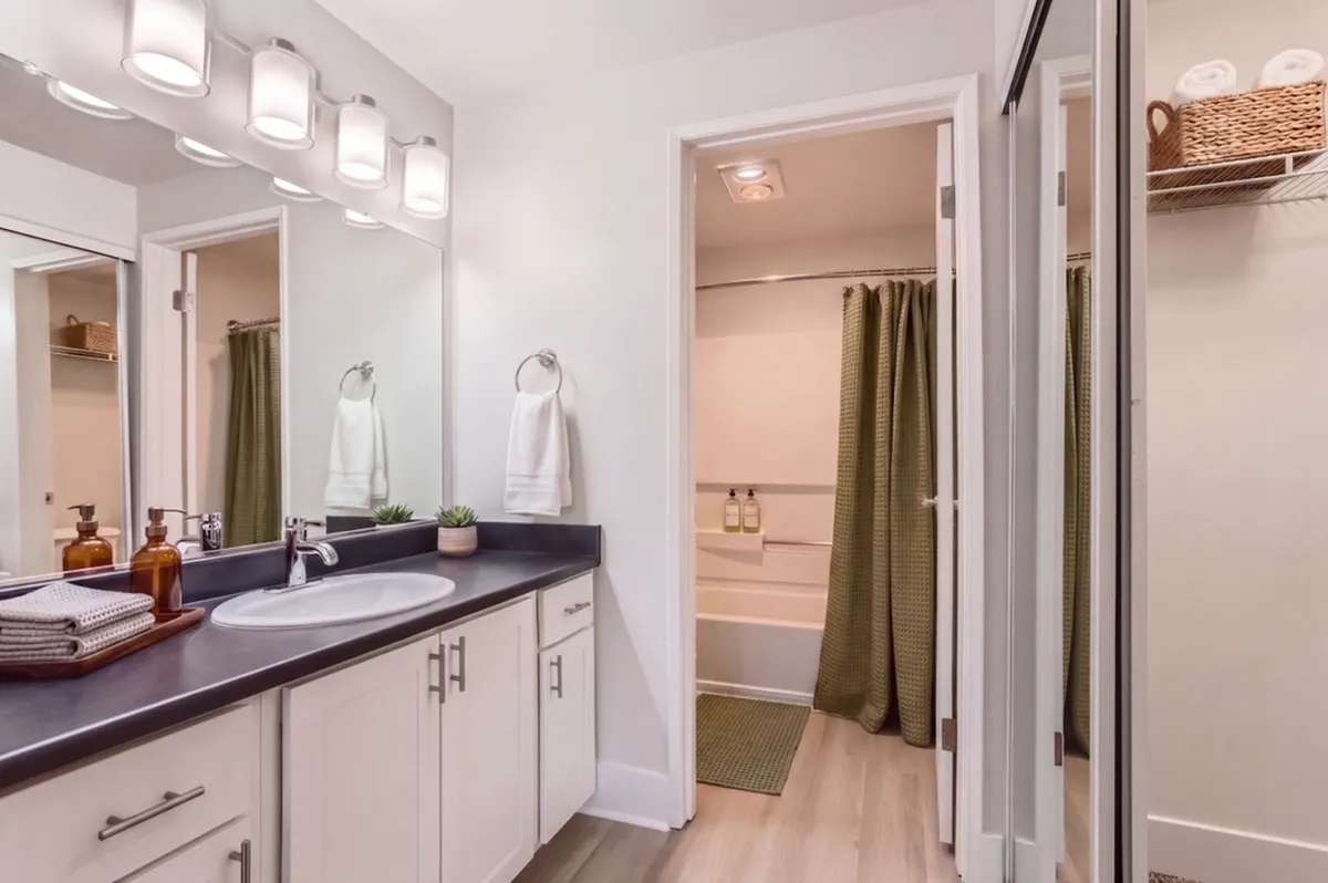 Elegant bathroom featuring sleek double vanity with modern lighting, large mirror, and inviting shower area with earth-toned accents.