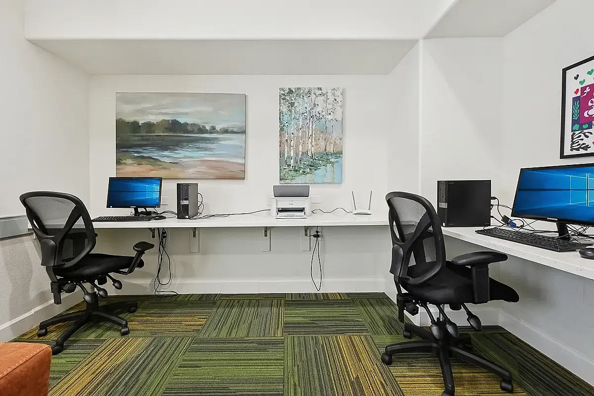 Modern home office with dual workstations featuring sleek computers, ergonomic chairs, vibrant artwork, and patterned carpet.