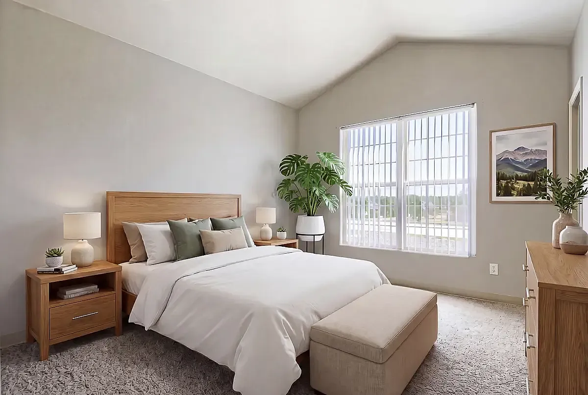 Beautifully designed bedroom with natural light, elegant wooden furniture, cozy neutral bedding, and lush greenery at The Orchards at Cherry Creek Park Apartments.