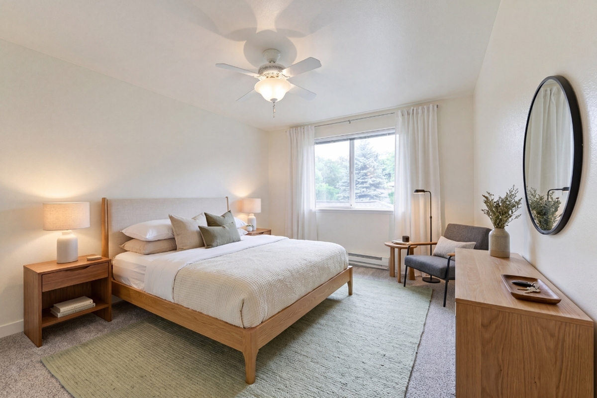 Serene bedroom with natural light, featuring a cozy bed, stylish wooden furniture, and soft neutral decor.
