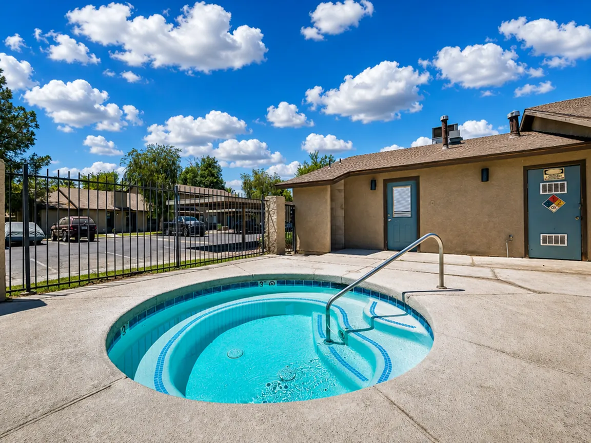 Inviting outdoor hot tub area under a vibrant blue sky, perfect for relaxation and leisure at Camelot Apartments in Yuma, AZ.