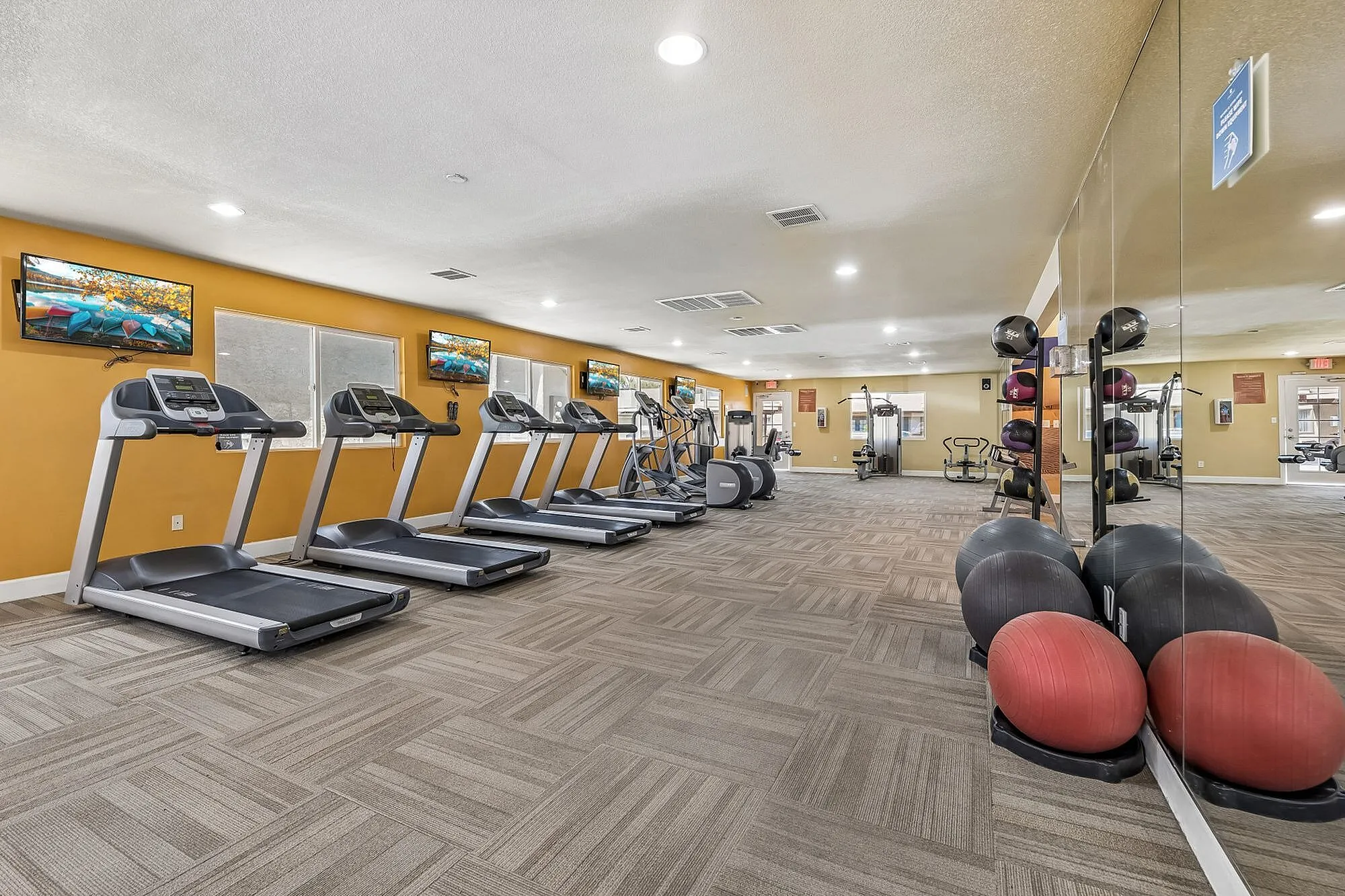Modern fitness center featuring multiple treadmills, exercise bikes, and wall-mounted TVs in a bright, spacious environment at Camelot Apartments in Yuma, AZ.