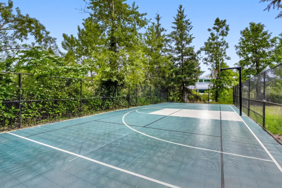 Inviting outdoor basketball court surrounded by lush greenery, perfect for sports enthusiasts and nature lovers.