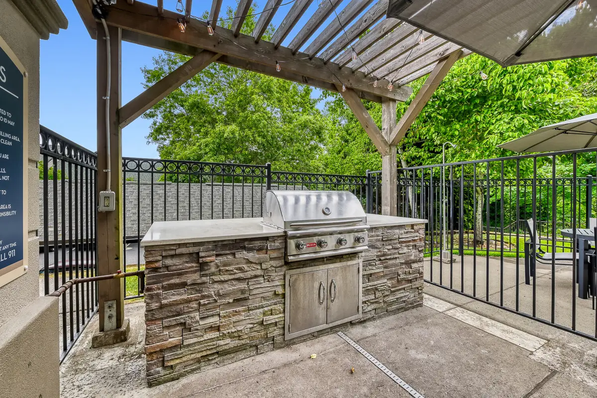 Scott-MCharming outdoor patio with rustic pergola, stylish BBQ area, and inviting seating under vibrant umbrellas.ountain-Grill