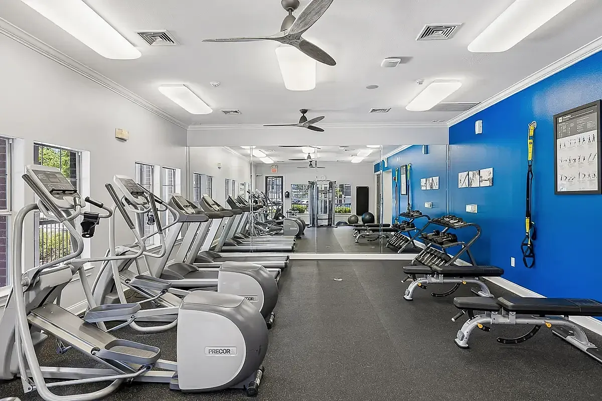 Modern gym with sleek cardio machines, vibrant blue accents, and ample natural light, fostering an inviting workout atmosphere.
