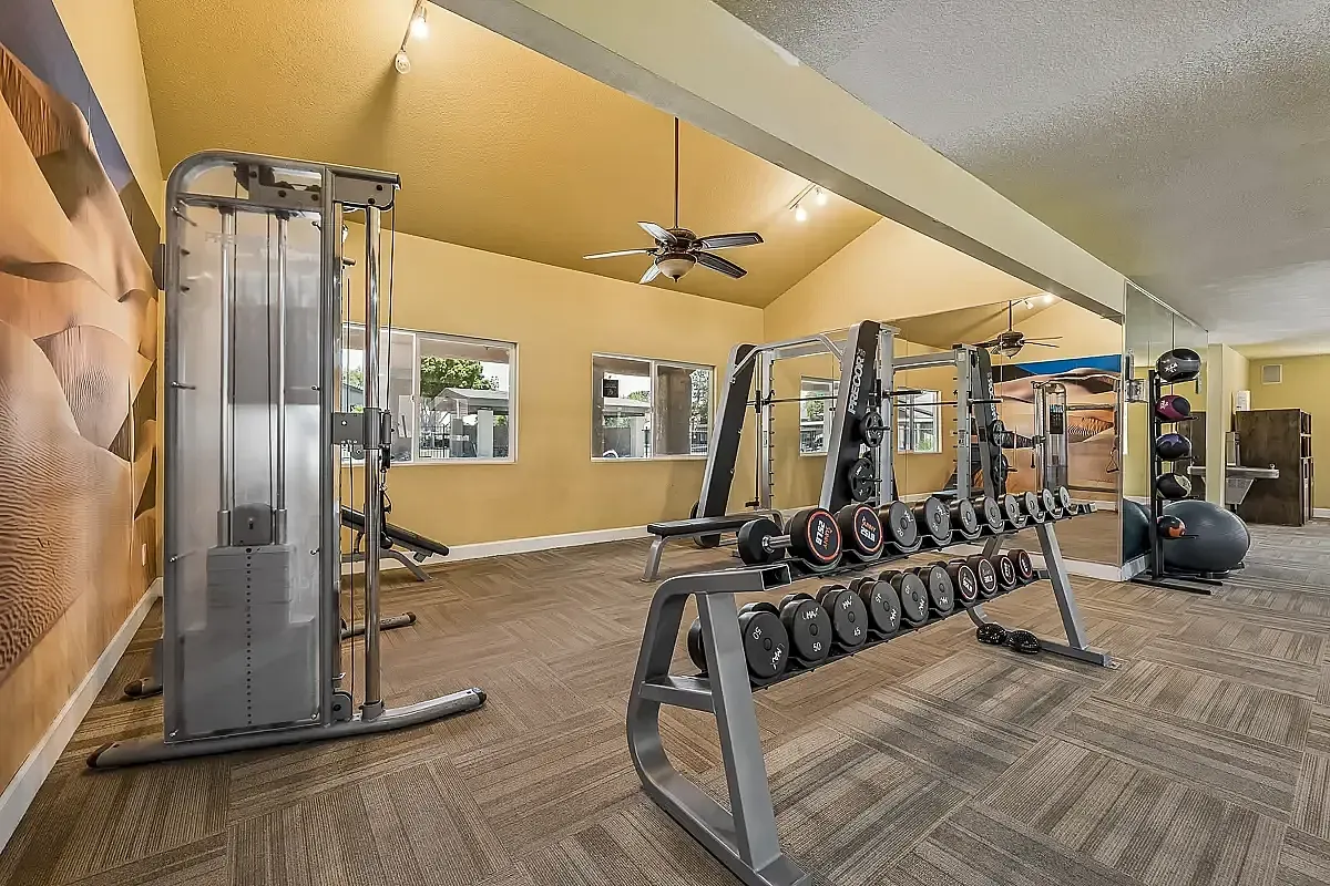 Modern fitness center with a variety of equipment, bright lighting, and vibrant wall art at Camelot Apartments in Yuma, AZ.