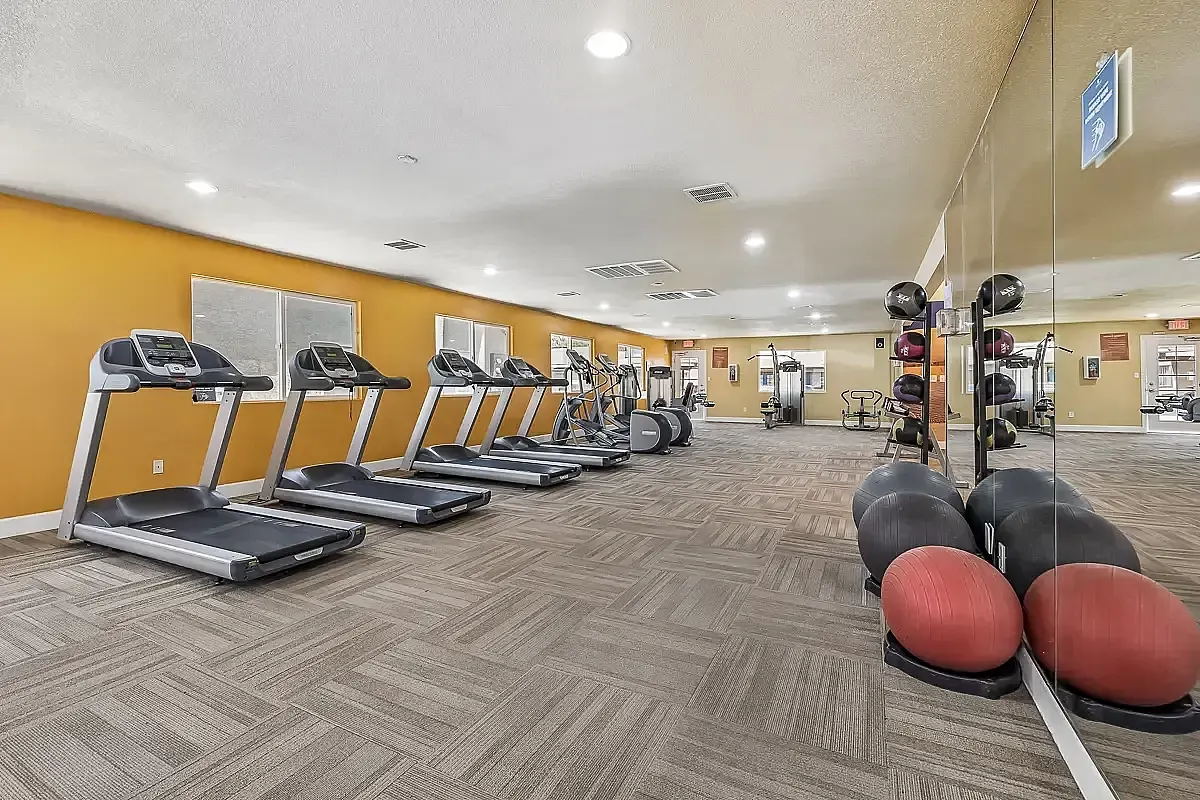 Modern fitness center featuring multiple treadmills, exercise bikes, and wall-mounted TVs in a bright, spacious environment at Camelot Apartments in Yuma, AZ.