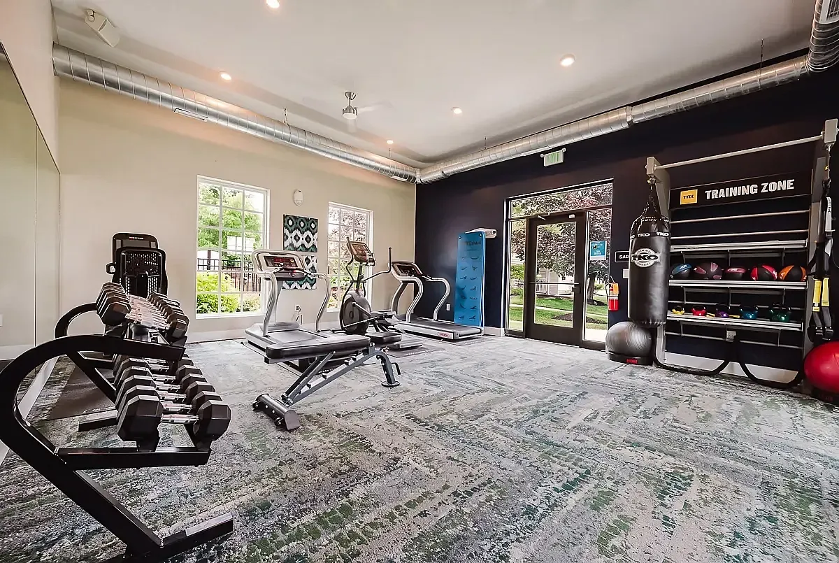 Modern fitness center at Alkire Glen Apartments with state-of-the-art equipment, including treadmills, free weights, and a training zone, set in a bright and airy space with large windows overlooking greenery.