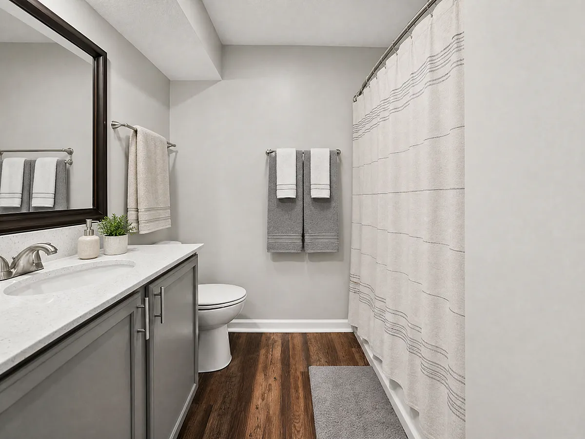 Modern apartment bathroom featuring gray cabinetry, light countertops, a dark-framed mirror, wood-style flooring, and a tub-shower combo at Alkire Glen in Columbus, OH.