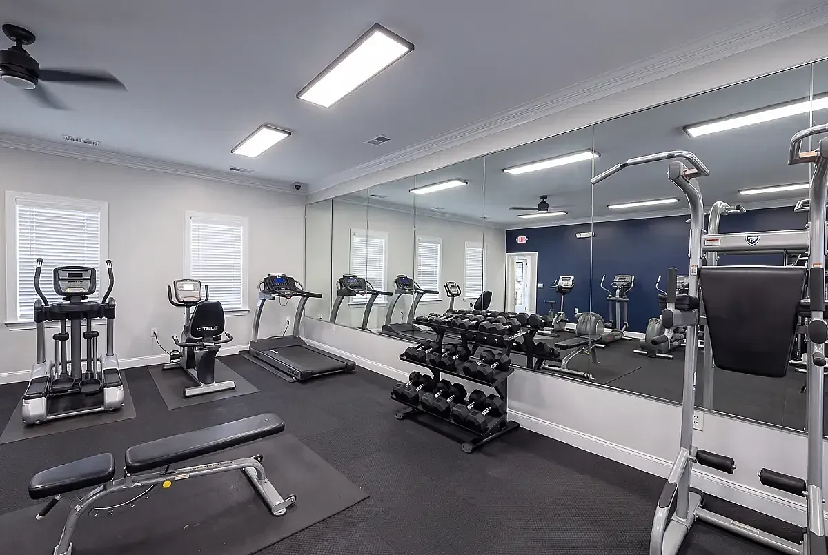 Modern fitness center with sleek treadmills, exercise bikes, and a full set of free weights, bathed in natural light and featuring mirrored walls.
