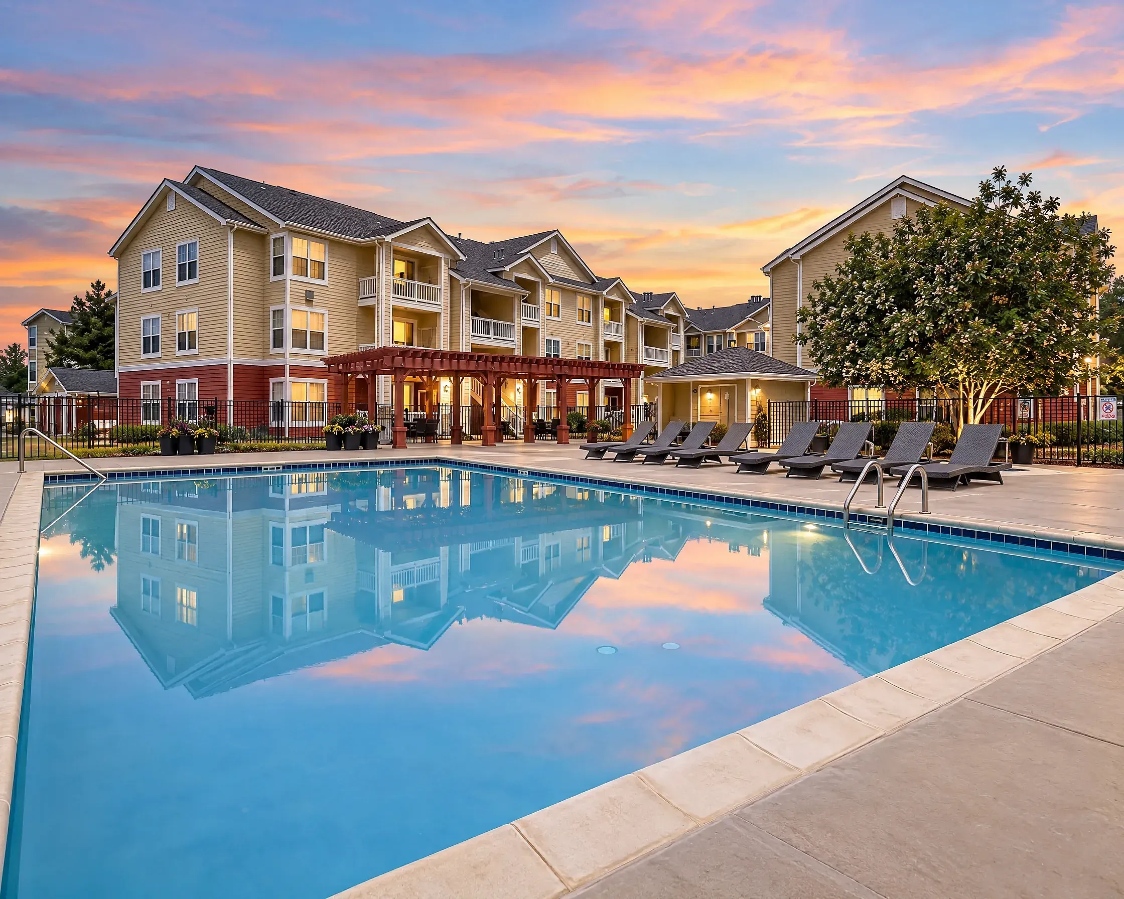 Charming sunset view of a lovely apartment complex, The Orchards at Cherry Creek Park, featuring serene poolside relaxation and elegant lounging chairs.