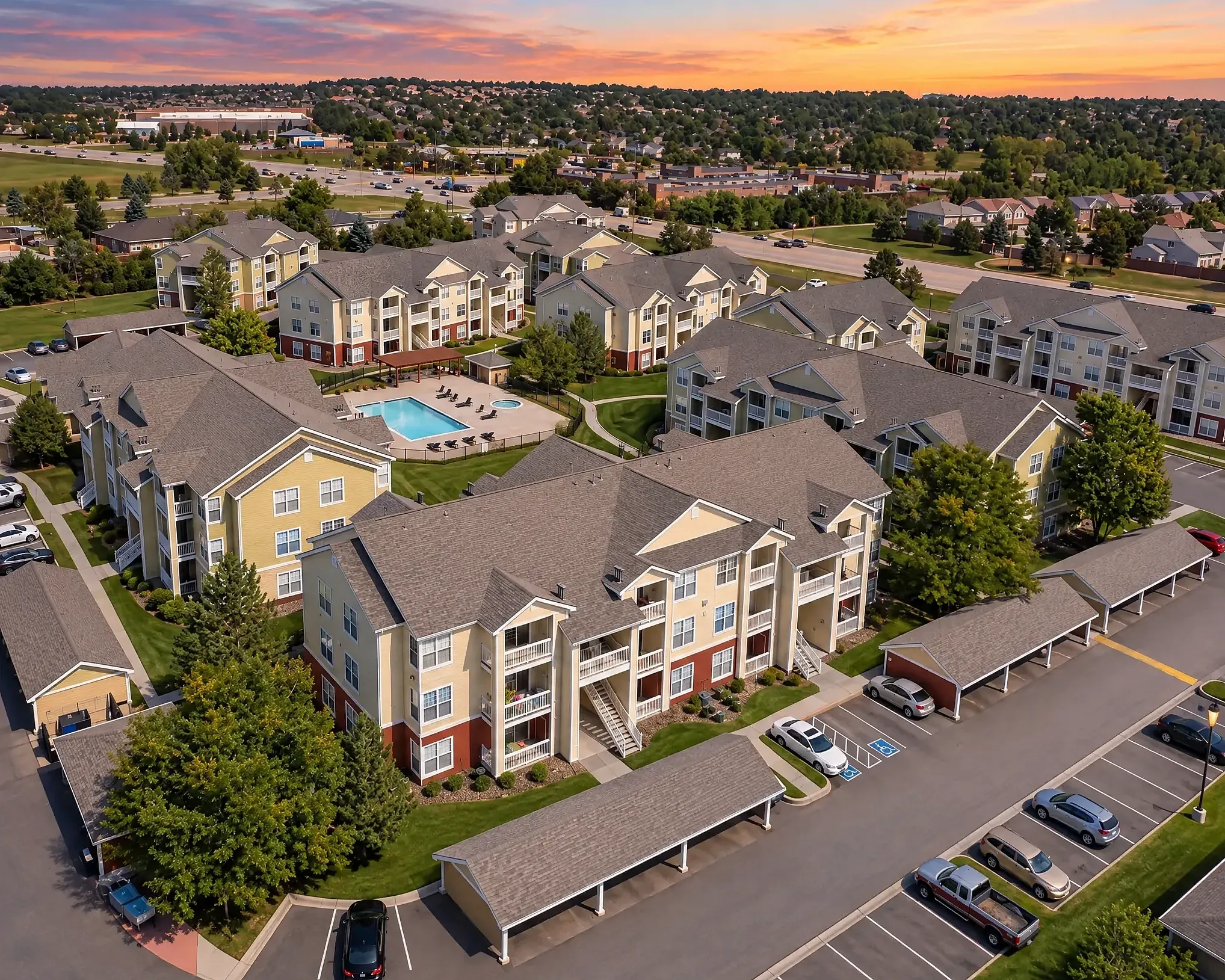 Aeriel View of The Orchards at Cherry Creek Apartment Complex in Centennial, CO.