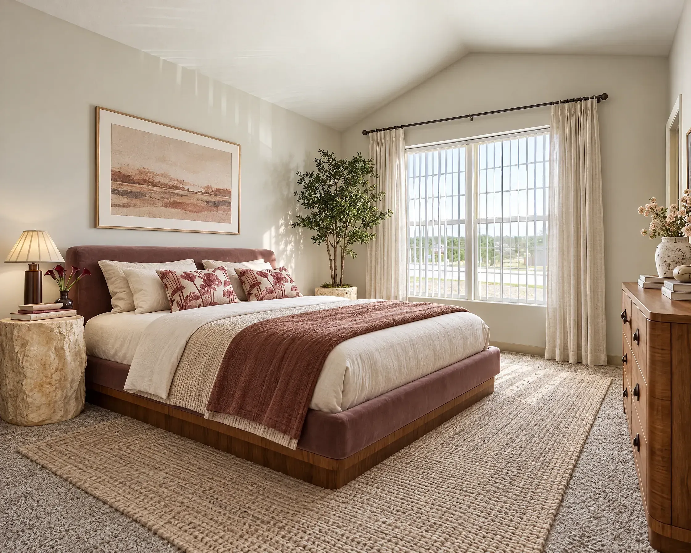Beautifully designed bedroom with natural light, elegant wooden furniture, cozy neutral bedding, and lush greenery at The Orchards at Cherry Creek Park Apartments.