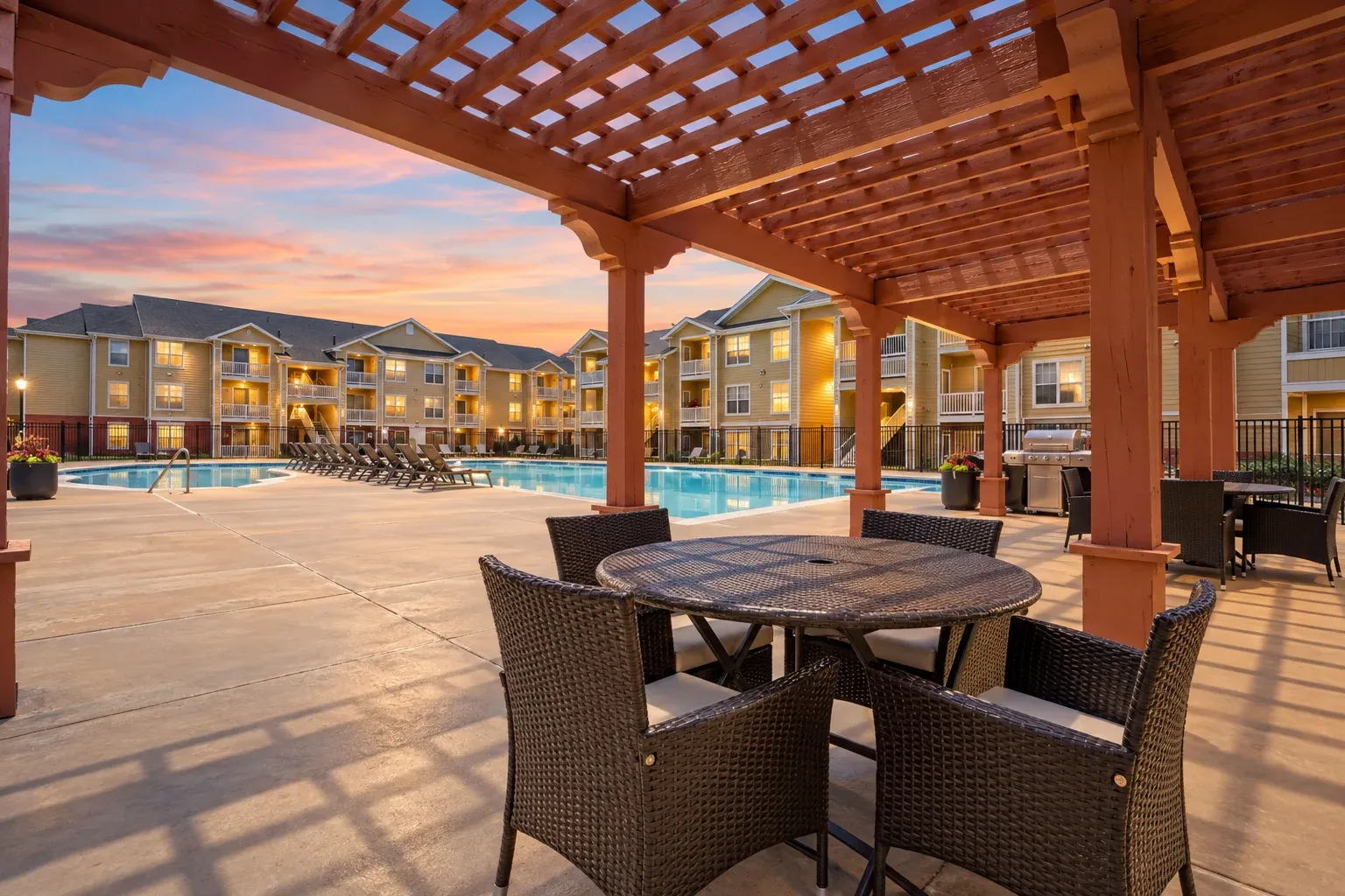 Inviting outdoor patio area with stylish wicker seating under a wooden pergola, overlooking modern apartment buildings and a sparkling pool at The Orchards at Cherry Creek Park Apartments.