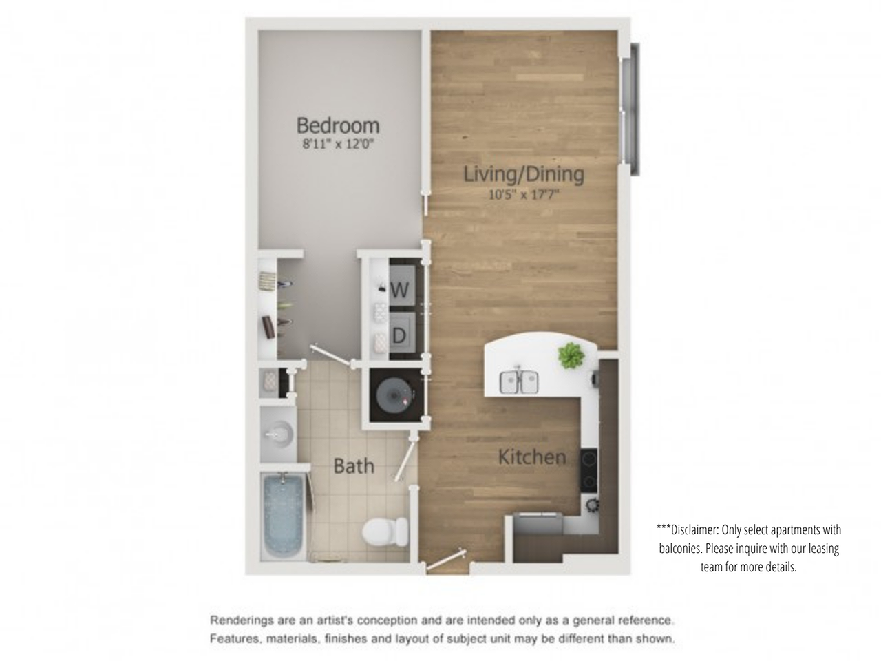Roxy 2 Floor Plan | 1 Bedroom with 1 Bath | 619 Square Feet | The Melrose | Apartment Homes