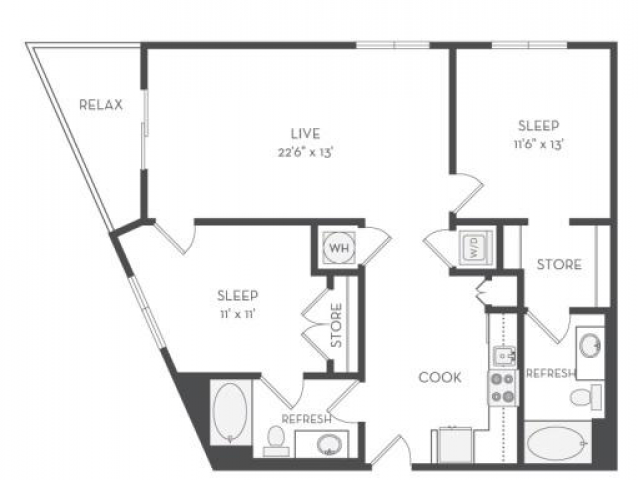 The Kandinsky Floor Plan | 2 Bedroom with 2 Bath | 1133 Square Feet | Cottonwood Westside | Apartment Homes