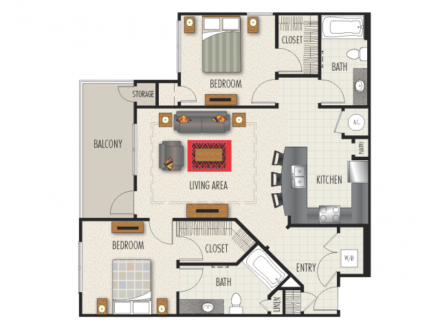 2B Floor Plan | 2 Bedroom with 2 Bath | 1202 Square Feet | Heights at Meridian | Apartment Homes