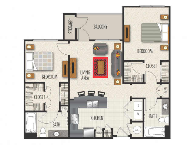 2A Floor Plan | 2 Bedroom with 2 Bath | 1143 Square Feet | Heights at Meridian | Apartment Homes