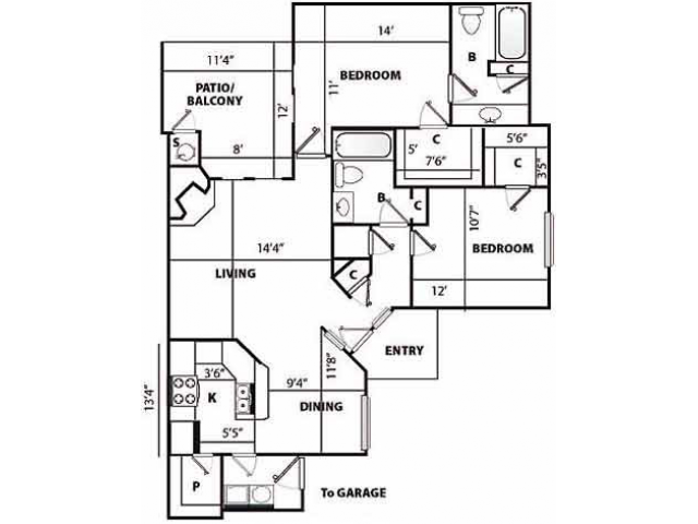 E Classic Floor Plan | 2 Bedroom with 2 Bath | 1241 Square Feet | Pavilions | Apartment Homes