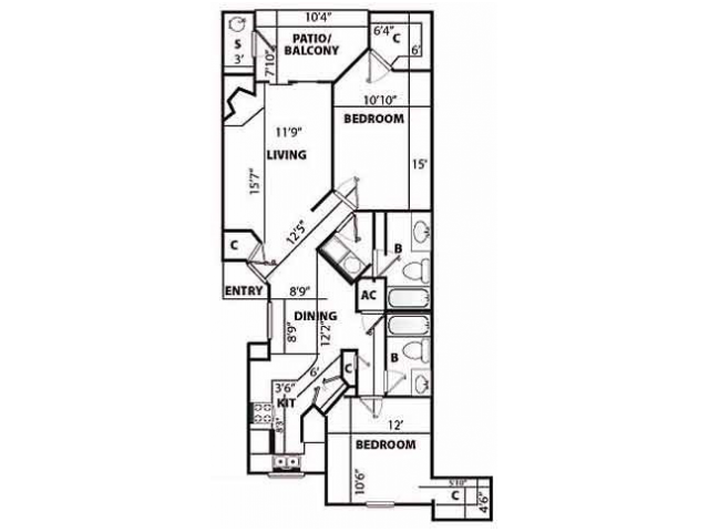F Renovated Floor Plan | 2 Bedroom with 2 Bath | 1207 Square Feet | Pavilions | Apartment Homes