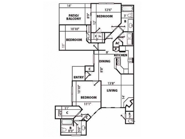G Classic Floor Plan | 3 Bedroom with 2 Bath | 1685 Square Feet | Pavilions | Apartment Homes