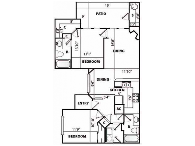 D2 Renovated Floor Plan | 2 Bedroom with 2 Bath | 1192 Square Feet | Pavilions | Apartment Homes