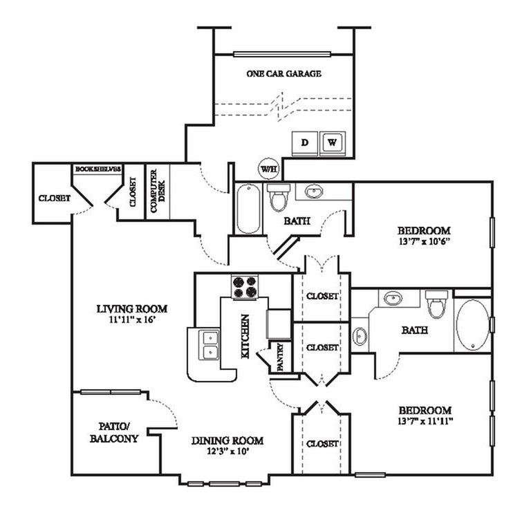 E1 Floor Plan | 2 Bedroom with 2 Bath | 1259 Square Feet | The Raveneaux | Apartment Homes