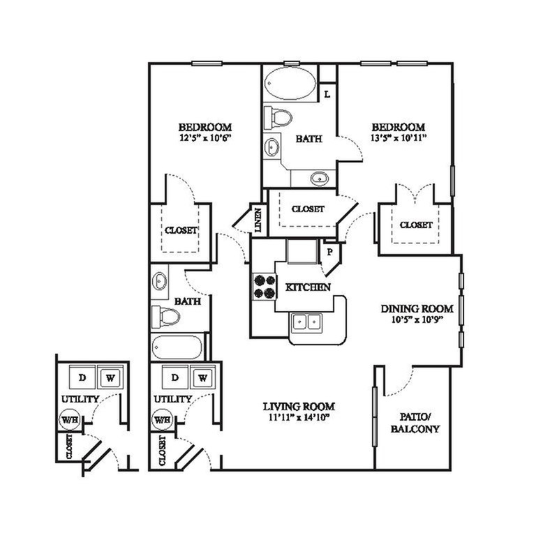 D Floor Plan | 2 Bedroom with 2 Bath | 1138 Square Feet | The Raveneaux | Apartment Homes