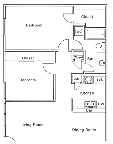 F Floor Plan | 2 Bedroom with 1 Bath | 919 Square Feet | The Regatta | Apartment Homes