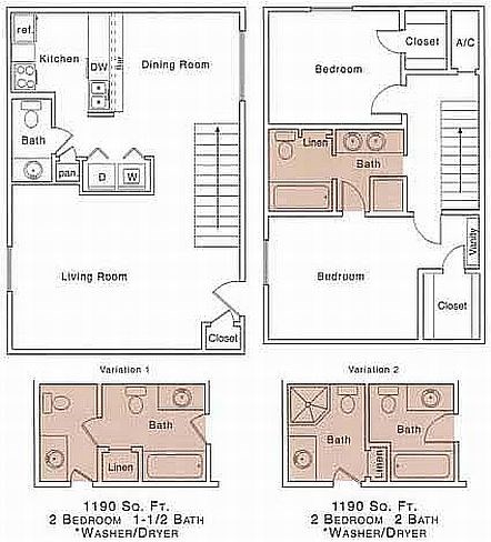 H2 Floor Plan | 2 Bedroom with 2.5 Bath | 1190 Square Feet | The Regatta | Apartment Homes
