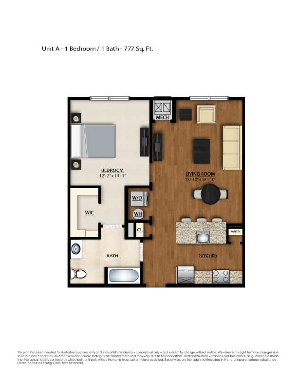 A Floor Plan | 1 Bedroom with 1 Bath | 777 Square Feet | Parc Westborough | Apartment Homes