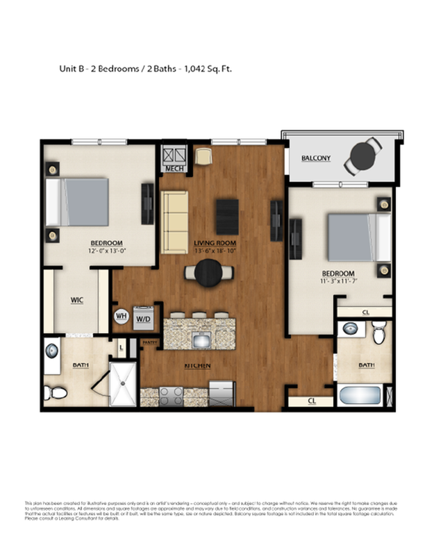 B Floor Plan | 2 Bedroom 2 Bath | 1042 Square Feet | Parc Westborough | Apartment Homes