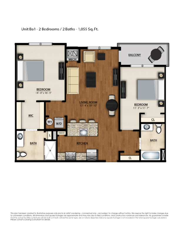 BA1 Floor Plan | 2 Bedroom 2 Bath | 1055 Square Feet | Parc Westborough | Apartment Homes