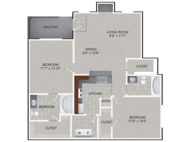 B1 Floor Plan | 2 Bedroom with 2 Bath | 1092 Square Feet | Cottonwood Ridgeview | Apartment Homes