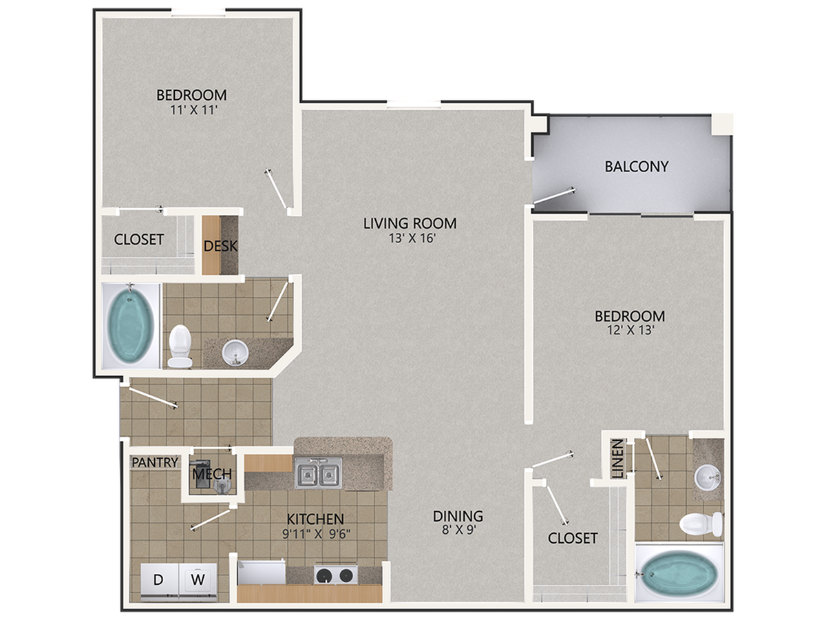 Chestnut Oak Floor Plan | 2 Bedroom with 2 Bath | 1095 Square Feet | Cottonwood Reserve | Apartment Homes