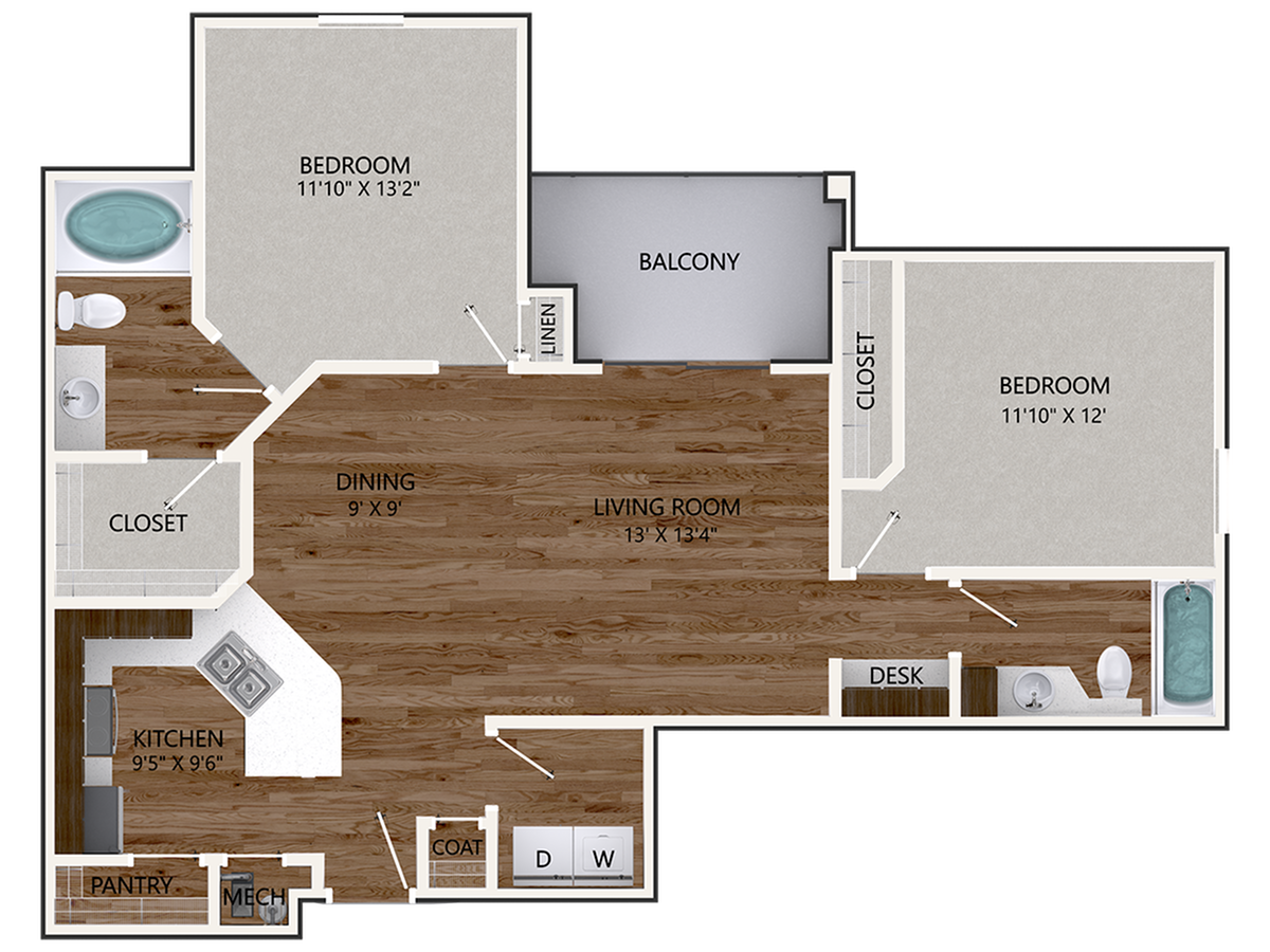 New Chinquapin Oak Building Floor Plan | 2 Bedroom with 2 Bath | 1139 Square Feet | Cottonwood Reserve | Apartment Homes