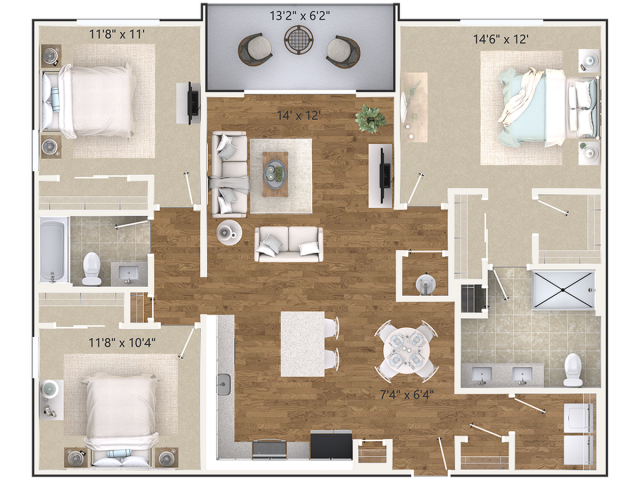 The Stella Floor Plan | 3 Bedroom 2 Bath | 1355 Square Feet | Cottonwood West Palm | Apartment Homes