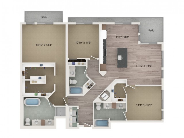 Penthouse C1 Floor Plan | 3 Bedroom with 3 Bath | 1720 Square Feet | Sugarmont | Apartment Homes