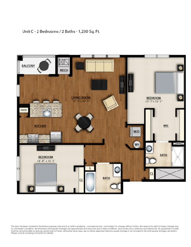 C Floor Plan | 2 Bedroom 2 Bath | 1230 Square Feet | Parc Westborough | Apartment Homes